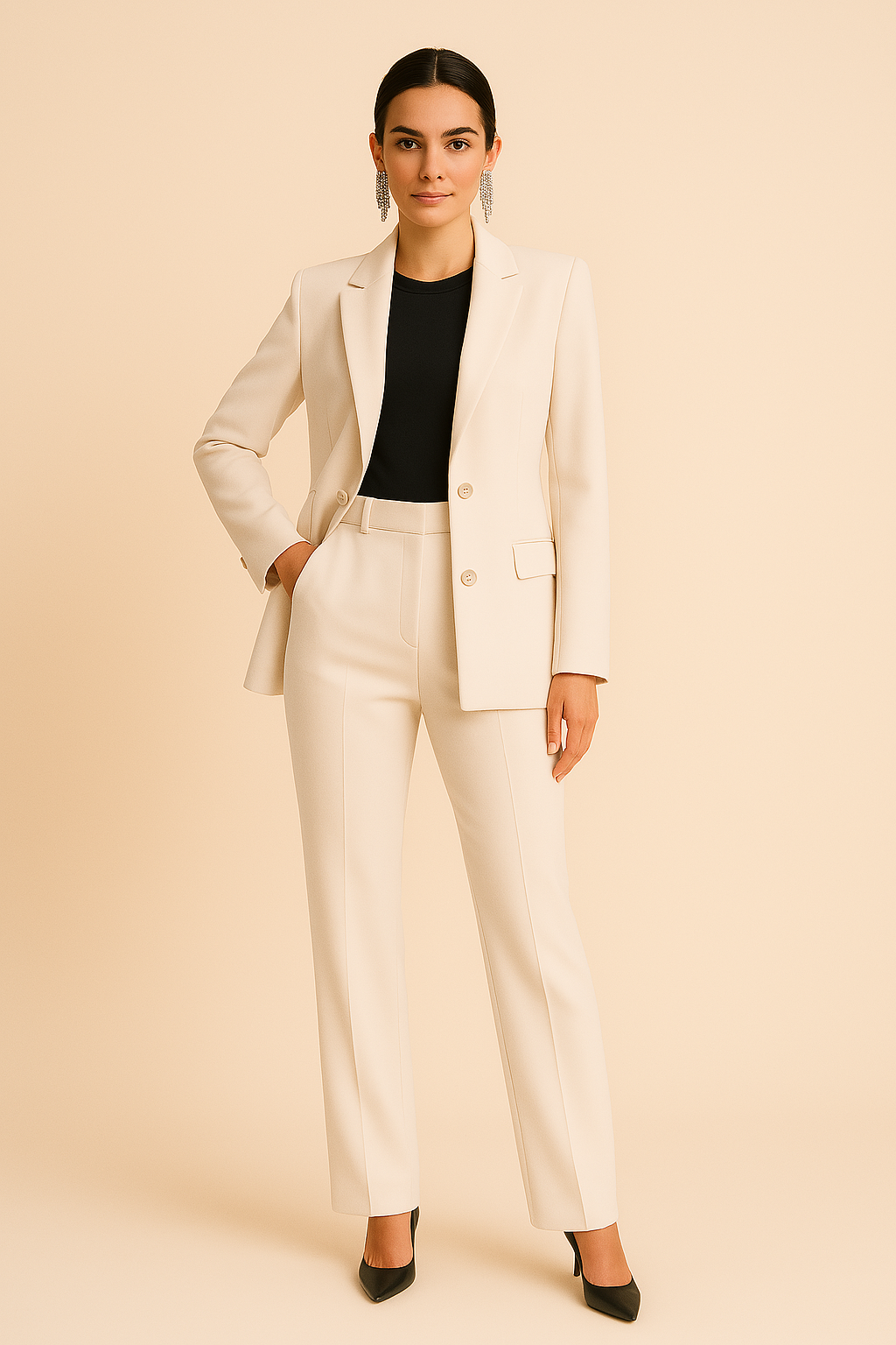 Stylish women's tailored blazer and matching pants suit. Ideal professional attire for the office and business.