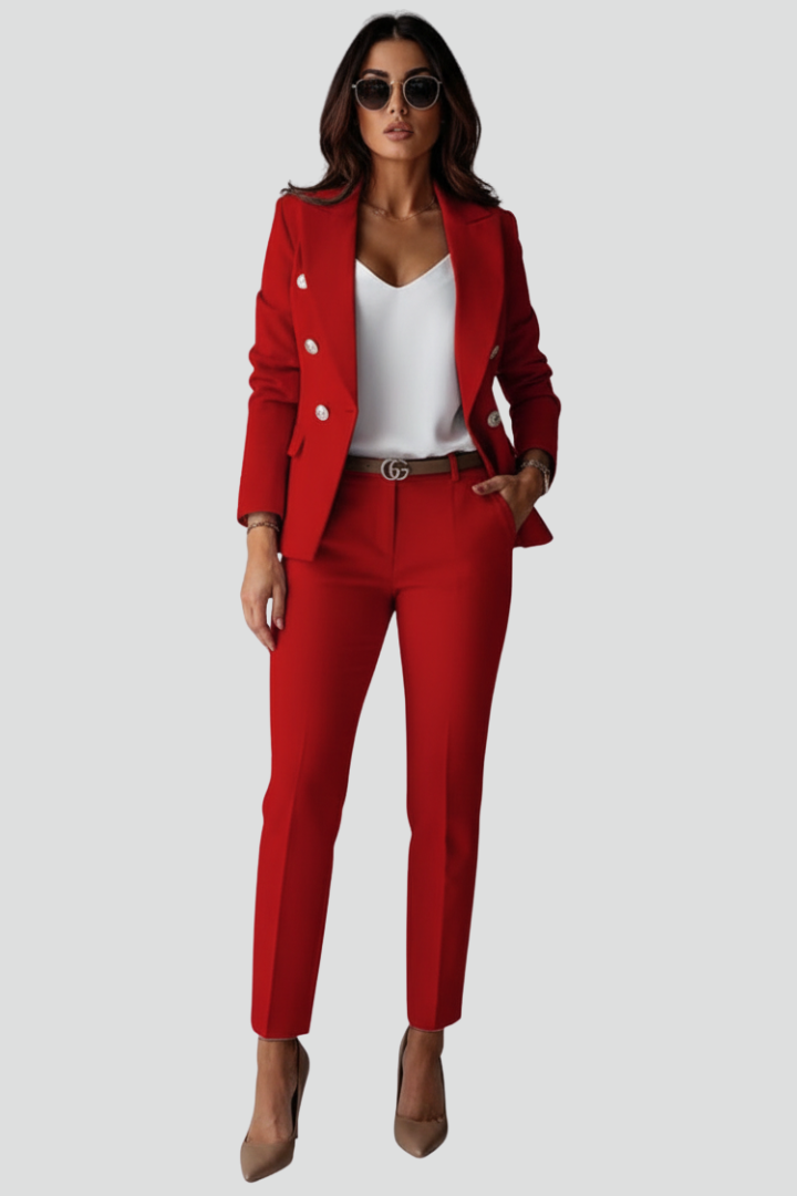 Classic women's suit set: tailored blazer & straight trousers for professional office wear.