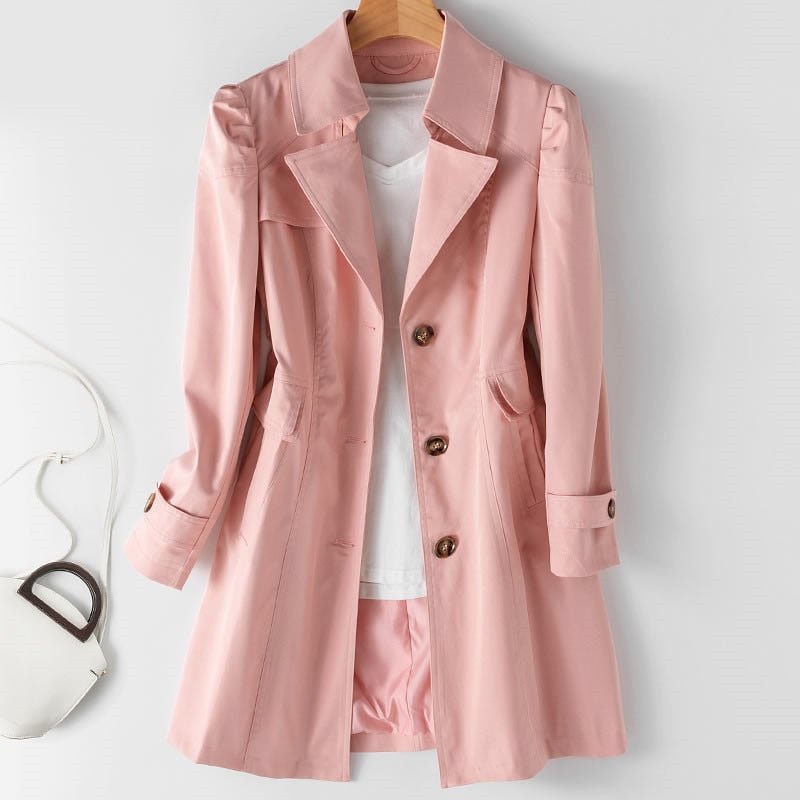 Chic women's tailored trench coat, ideal office fashion & elegant evening attire.