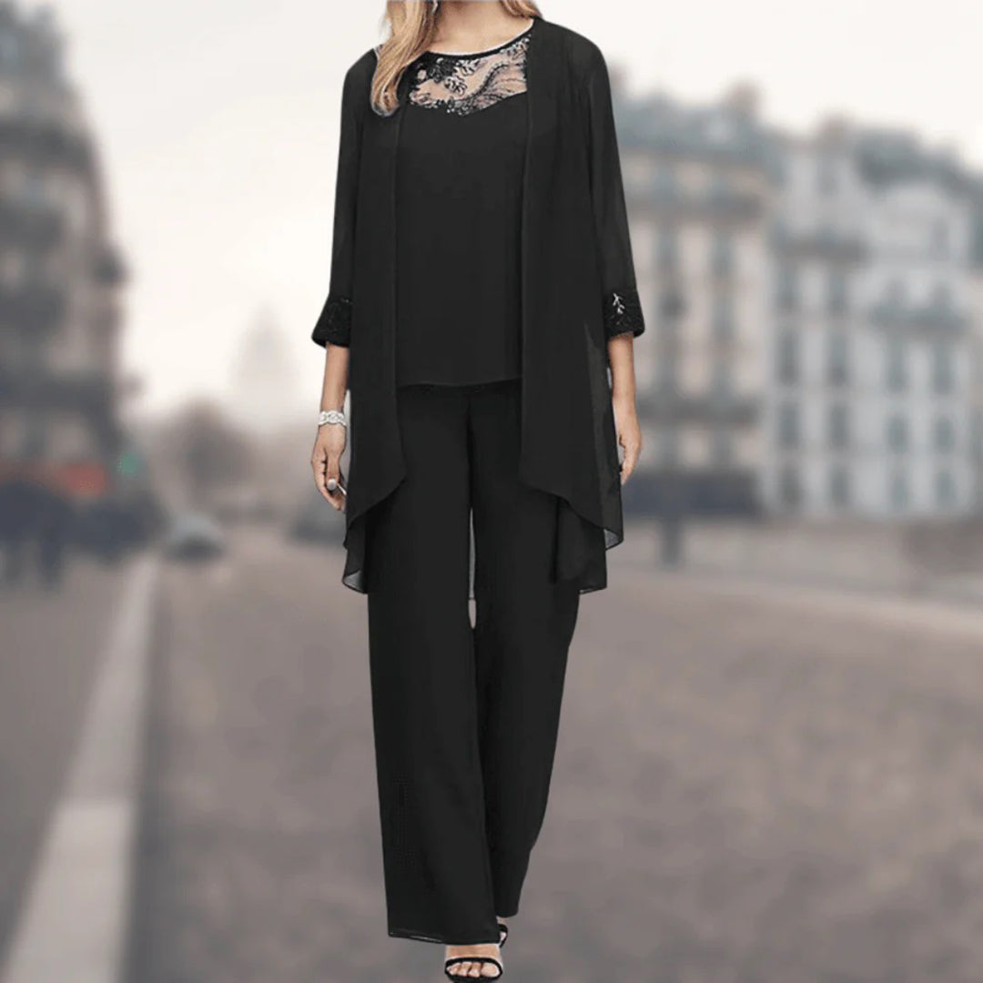 Elegant women's three-piece flowy outfit set with wide leg pants for versatile spring and summer chic.