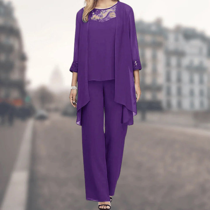 Versatile women's three-piece coordinated flowy outfit set with wide leg pants for comfortable elegance.
