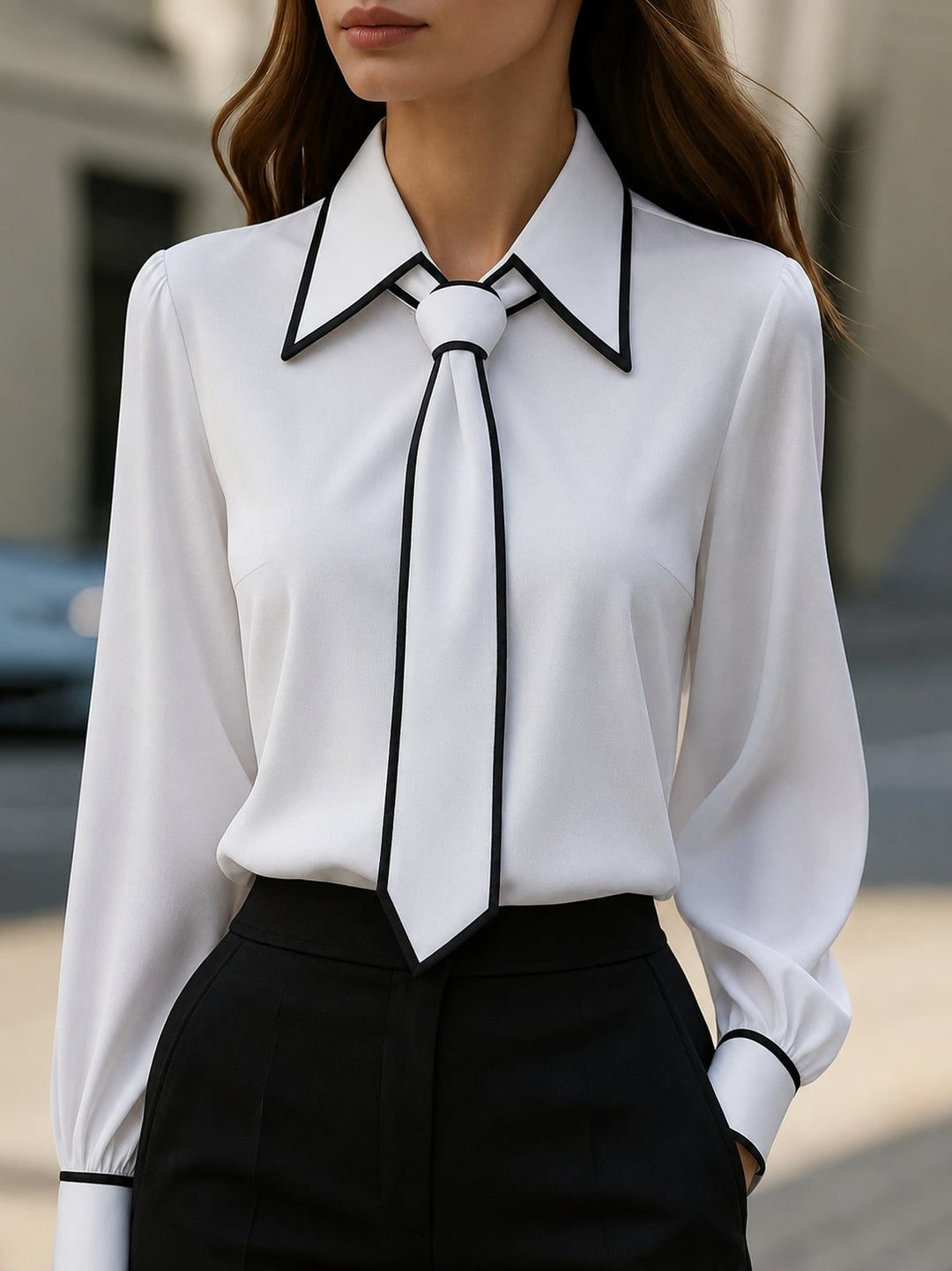 Elegant women's tie-neck blouse with long sleeves, contrast trim, and button-down front. Perfect for office wear.