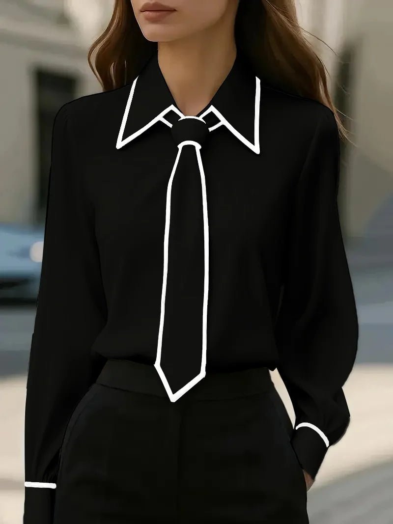 Close-up of a women's elegant tie-neck blouse, highlighting the chic contrast trim and delicate tie detail.