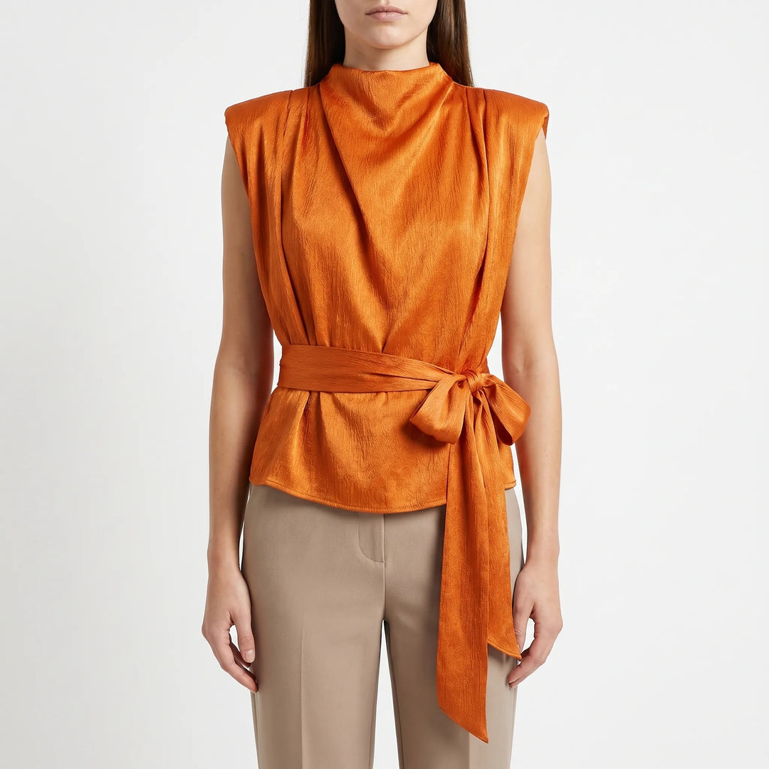 Chic women's summer top, sleeveless with a distinctive cowl neck and adjustable tie-waist design.