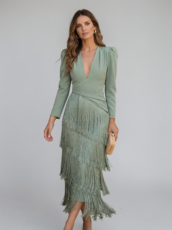 Flowing tiered fringe midi formal dress for women, with elegant V-neck and long sleeves, perfect for parties.