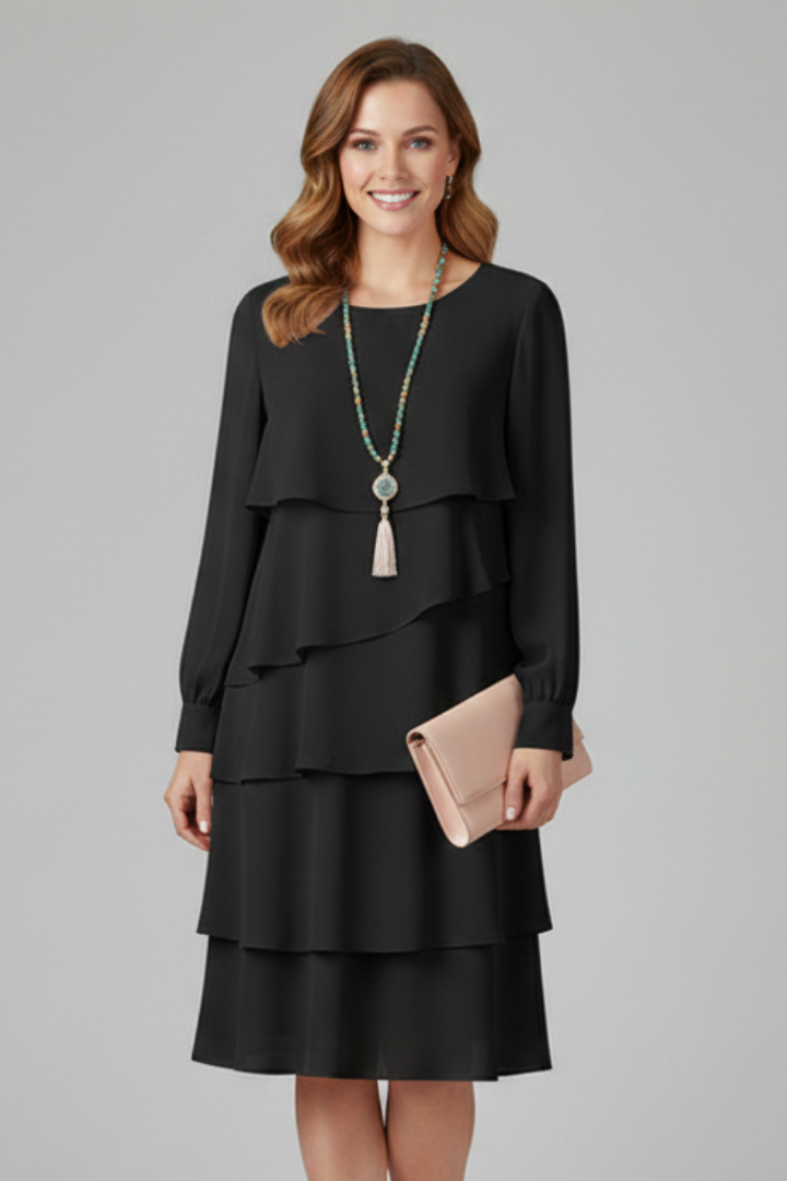Sophisticated women's long sleeve tiered dress, knee-length, solid, perfect for an elegant yet relaxed look.