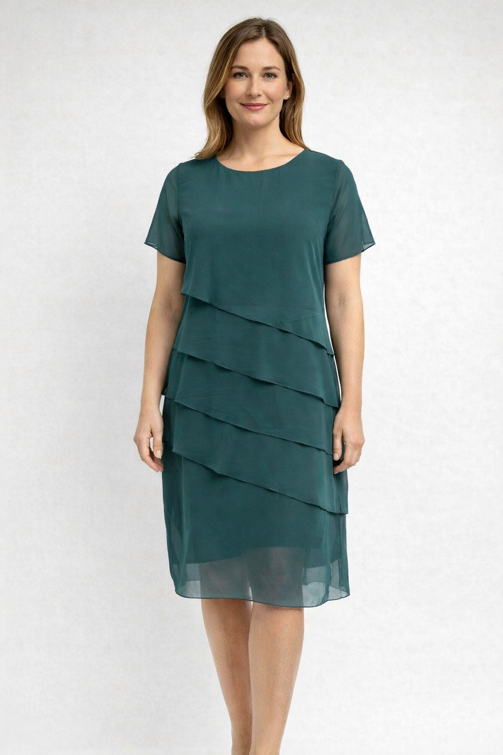 Elegant women's tiered midi dress with sophisticated style, perfect for occasion wear and fashion.