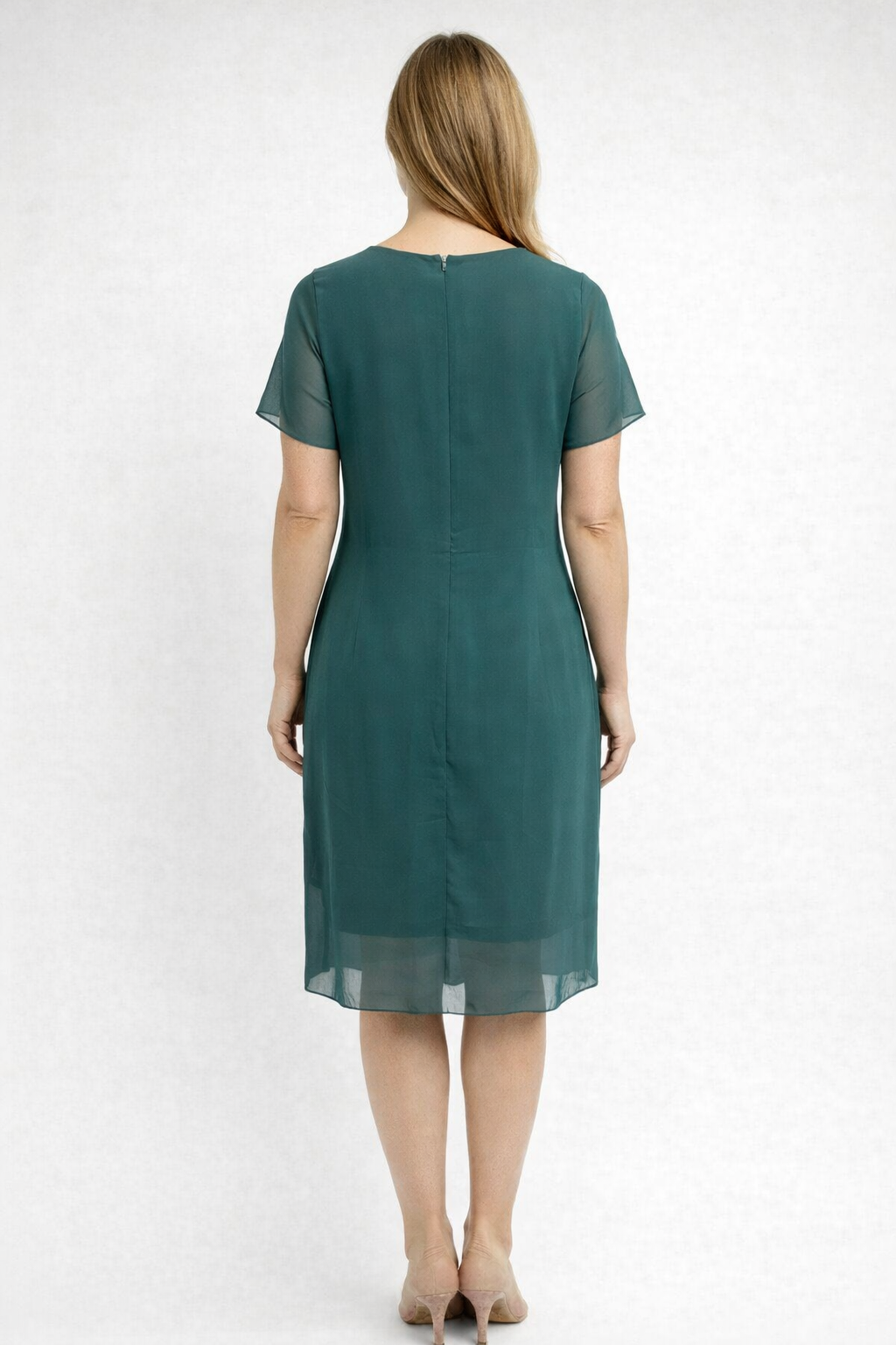 Flattering tiered midi dress for women, featuring a round neck, short sleeves & sheer detail.