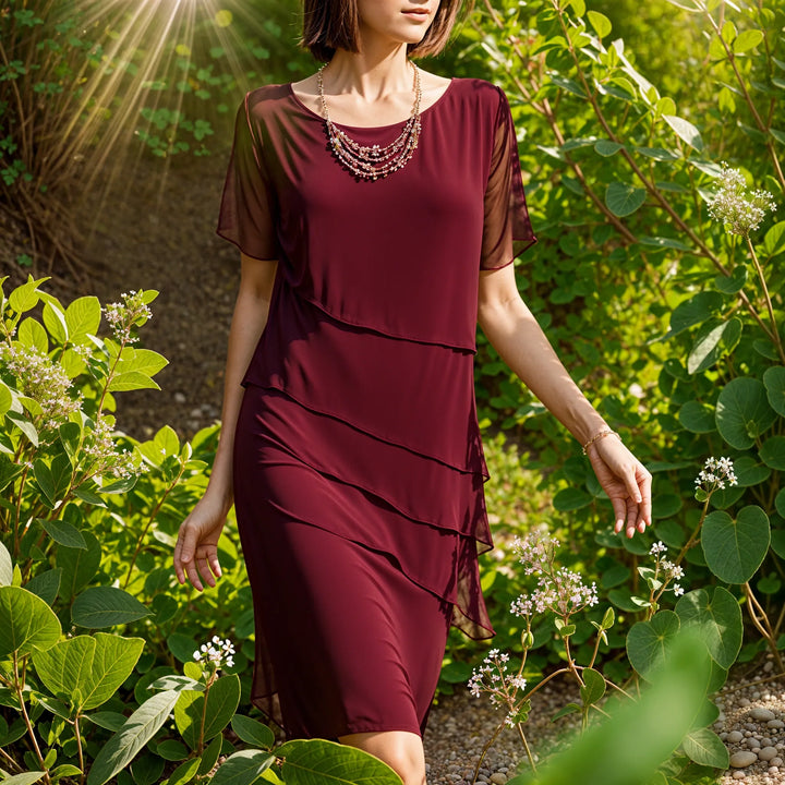 Elegant women's tiered midi dress for various occasions, exuding sophisticated style & fashion trends.