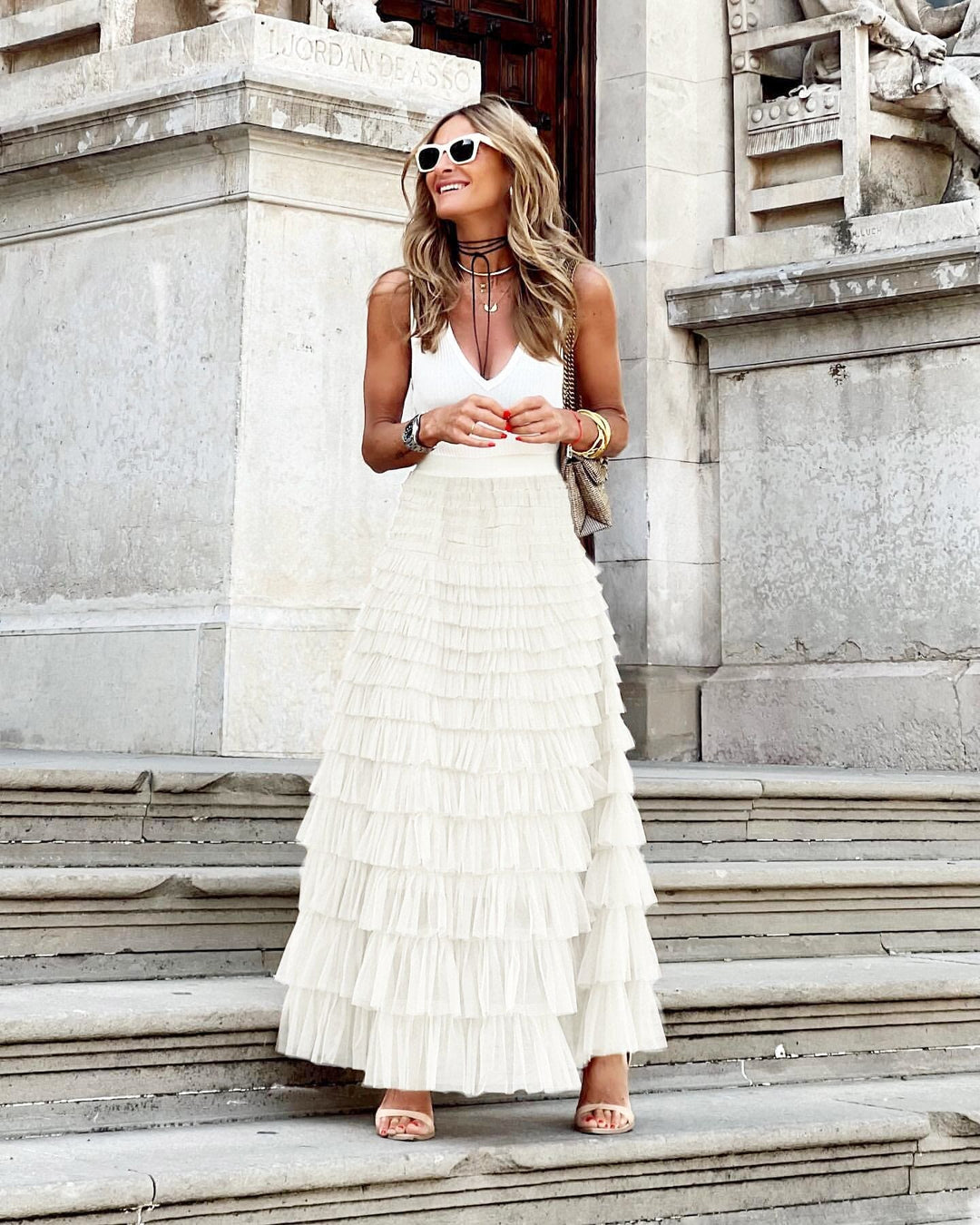 Beautiful women's formal tiered ruffle maxi skirt, an elegant choice for evening wear & special events.