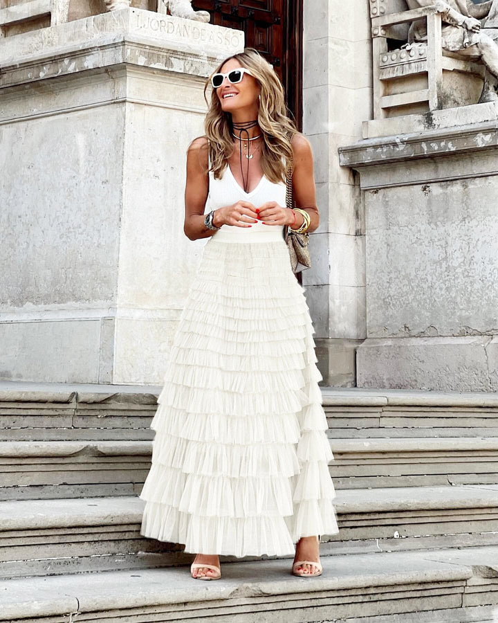 Beautiful women's formal tiered ruffle maxi skirt, an elegant choice for evening wear & special events.