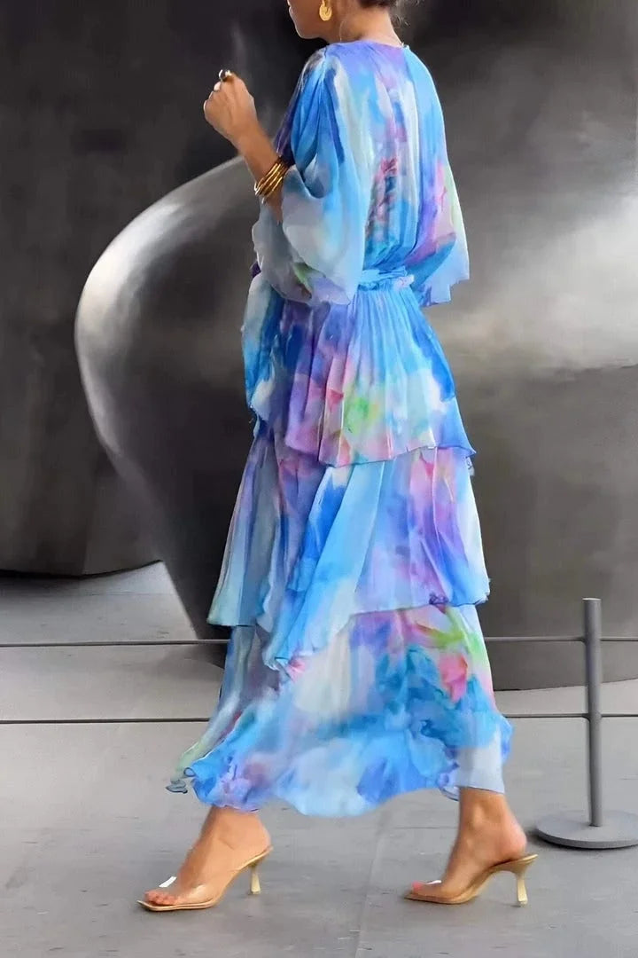 Formal women's evening gown, a beautiful tiered wrap dress for festive celebrations & special events.
