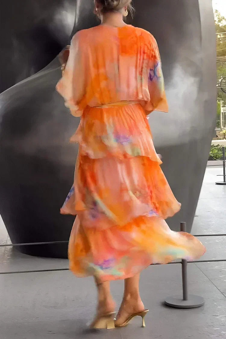 Sophisticated women's tiered wrap gala dress, perfect for festive evening wear & formal parties.