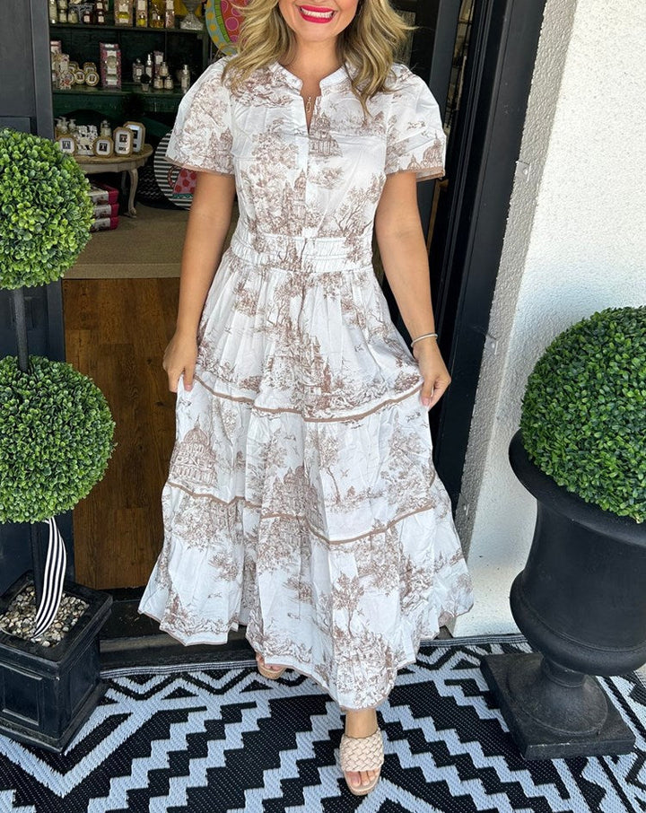 Womens smocked waist maxi dress with elegant toile print & V-neck, flattering fit.