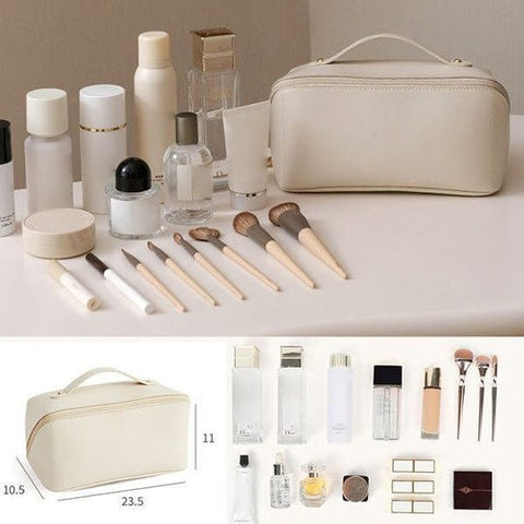 Luxurious brown travel makeup organizer bag, a practical cosmetic storage solution for women.