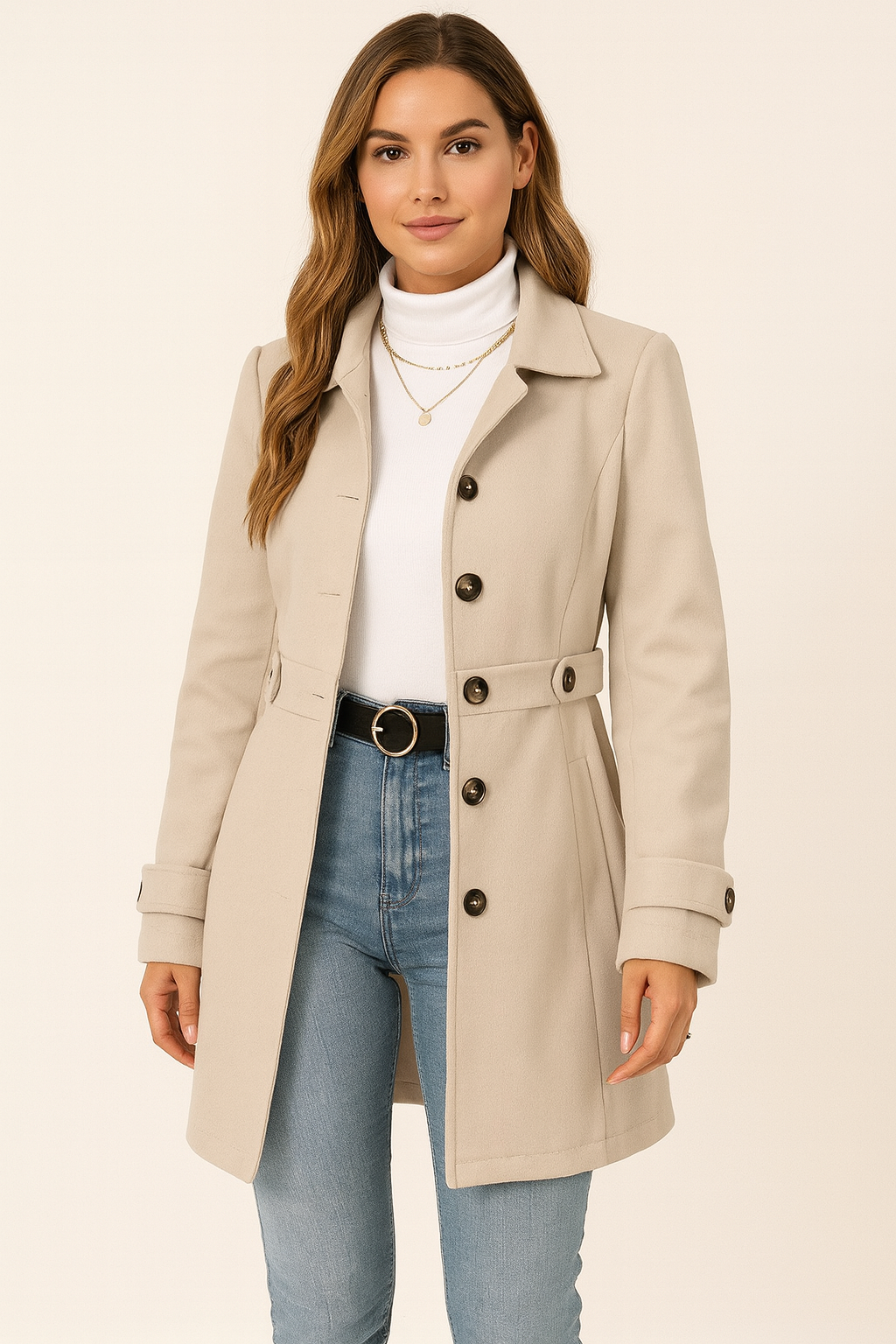 Elegant women's trench coat with adjustable belt, classic fall outerwear, perfect for office or versatile fashion.