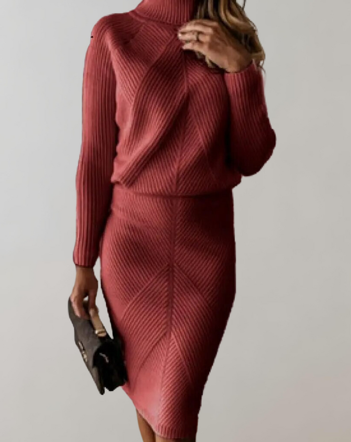 Elegant women's turtleneck skirt two-piece set in a cozy fabric, perfect for fall fashion.