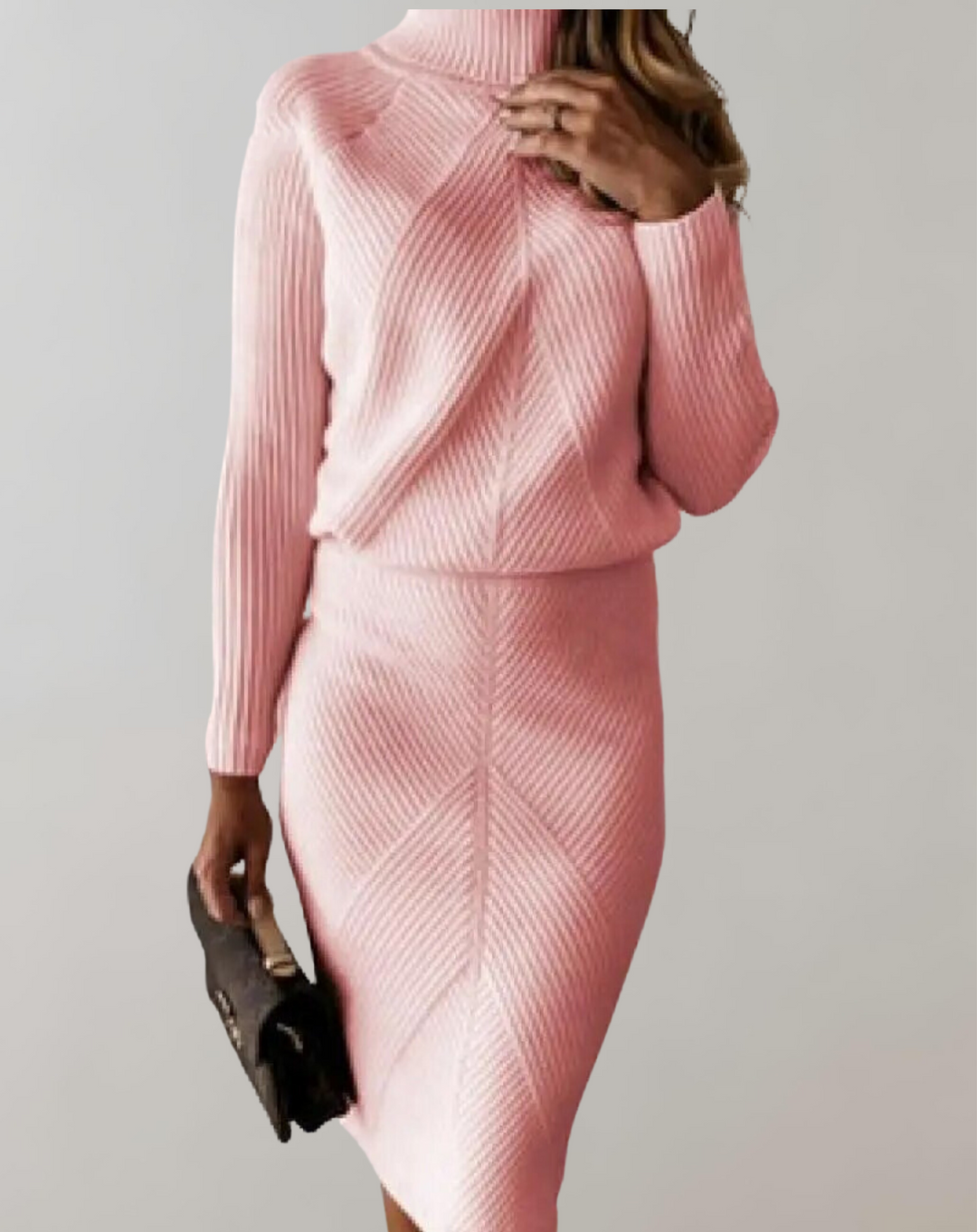 Chic women's two-piece turtleneck and skirt set; a cozy yet elegant fall apparel choice.