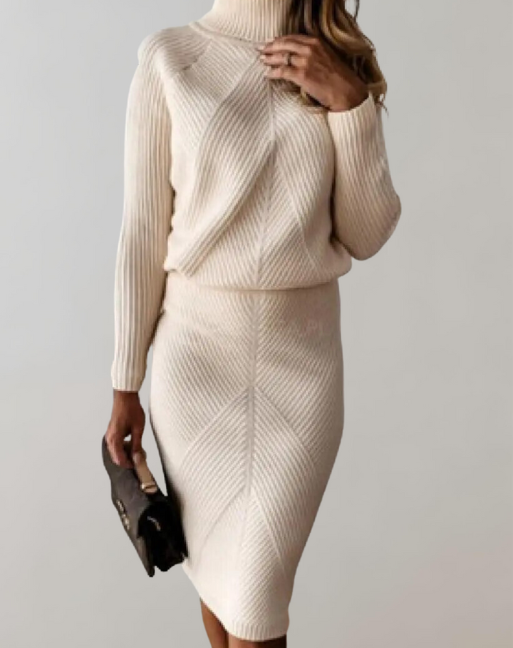 Stylish women's turtleneck sweater and matching skirt set, an elegant and cozy two-piece outfit.