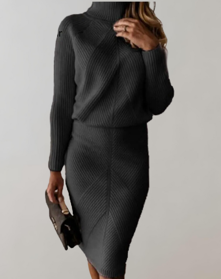 Matching women's turtleneck and skirt set, a cozy two-piece outfit for elegant fall apparel.