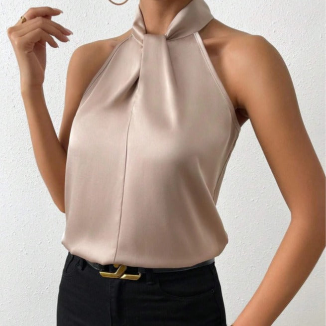 Elegant women's twist knot neck top, short sleeve, versatile for casual or dressy outfits.