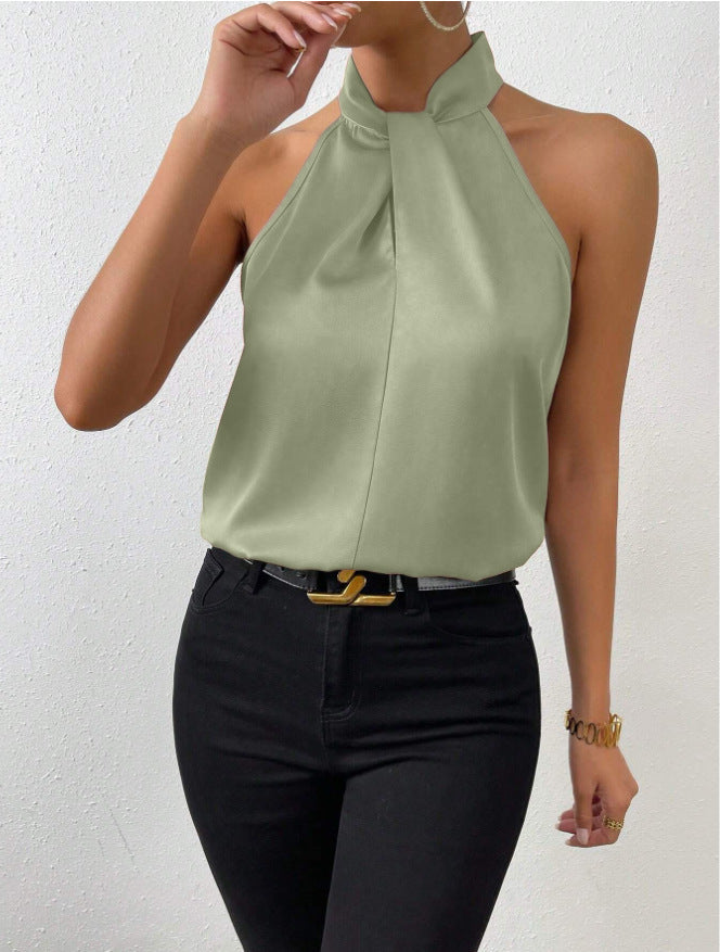 Back view of the elegant women's twist knot short sleeve top, showing comfortable fit.