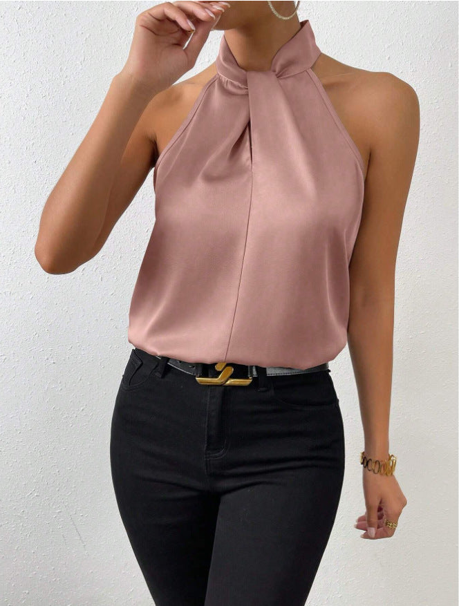 Black elegant women's twist knot short sleeve top, a versatile and stylish choice for ladies.