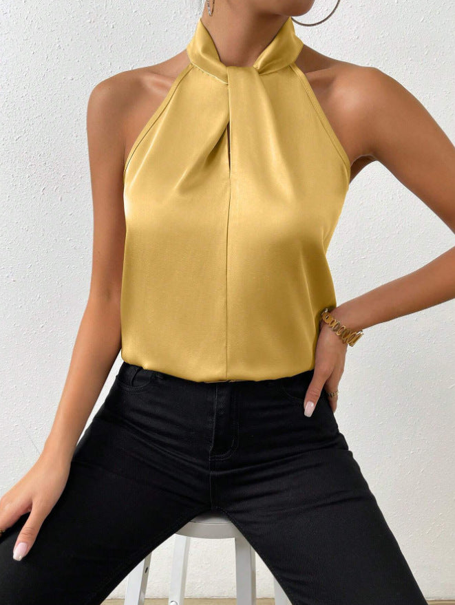 Navy blue ladies' twist knot short sleeve top, versatile for both casual and dressy ensembles.