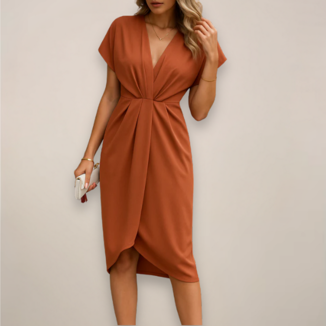 Flattering bodycon midi dress for women, featuring a chic twist knot & V-neck, perfect for elegant evening wear.
