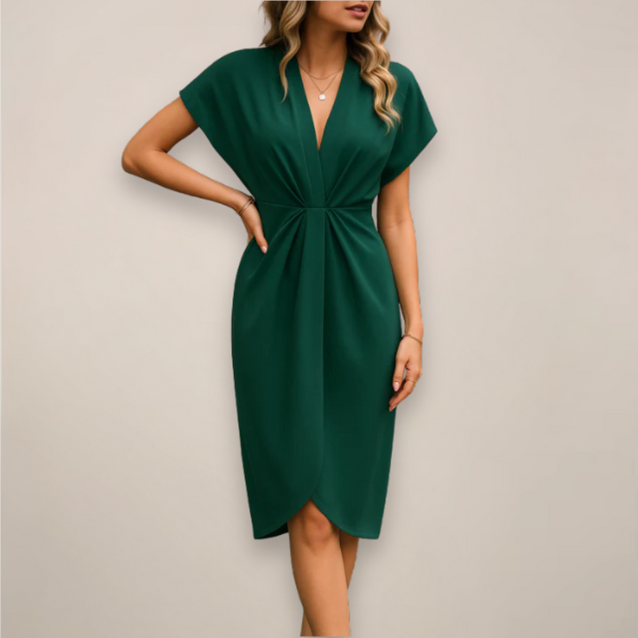 Stylish women's short sleeve bodycon midi dress with a front twist knot and deep V-neck for sophisticated fashion.