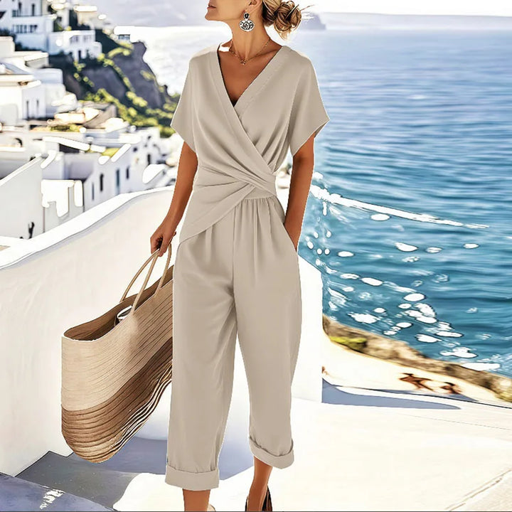 Elegant women's two-piece pants set with a chic wrap front top & tailored trousers, perfect for summer casual wear.
