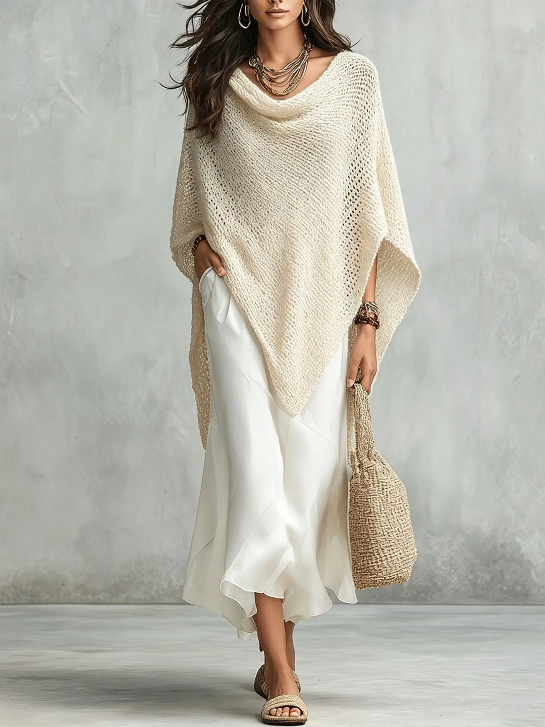 Comfortable women's two-piece maxi dress set with a relaxed fit poncho. Versatile for all-season elegant wear.