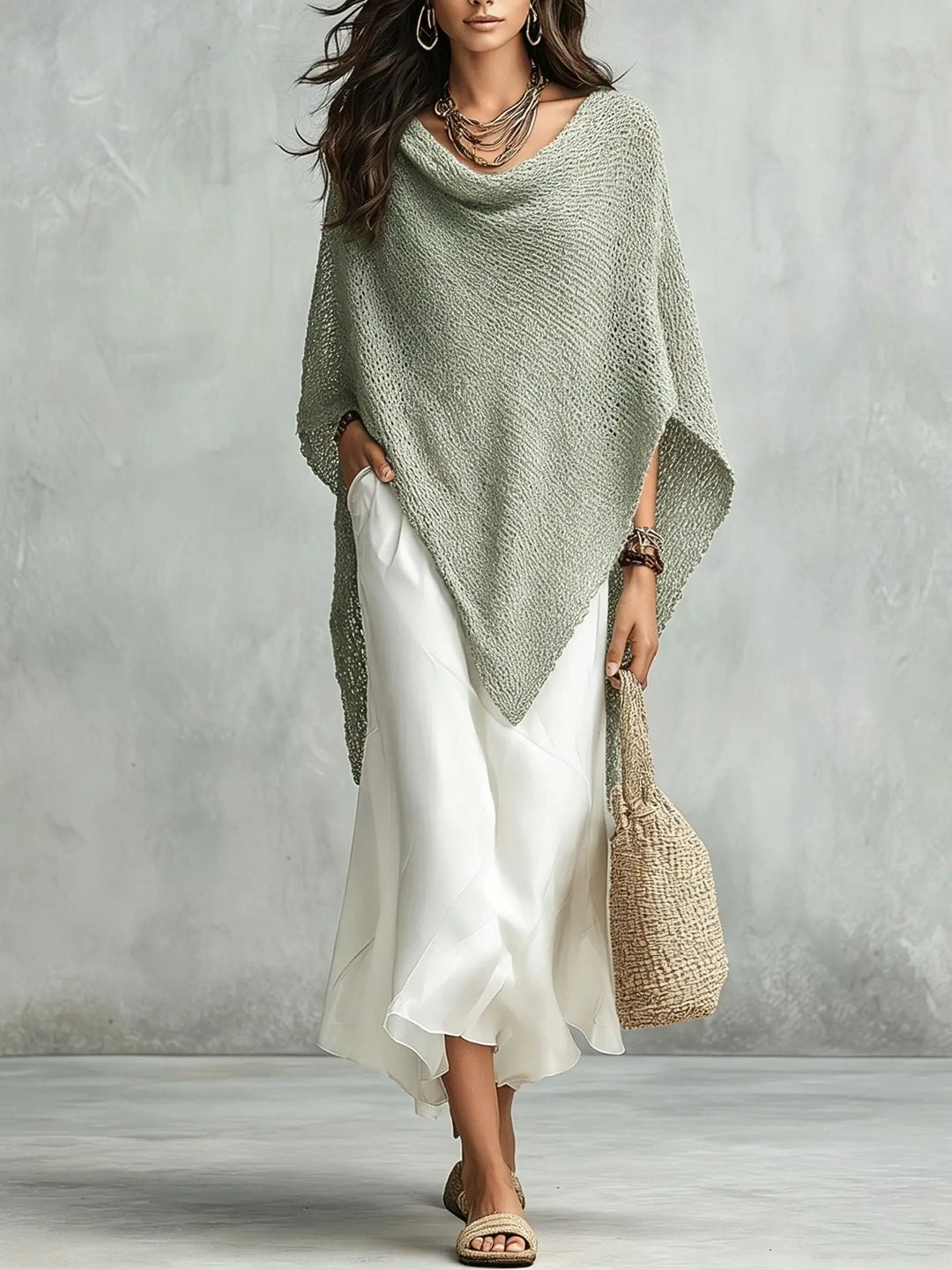 Women's elegant relaxed fit two-piece ensemble: a comfortable poncho top and a flowing maxi dress. All season.