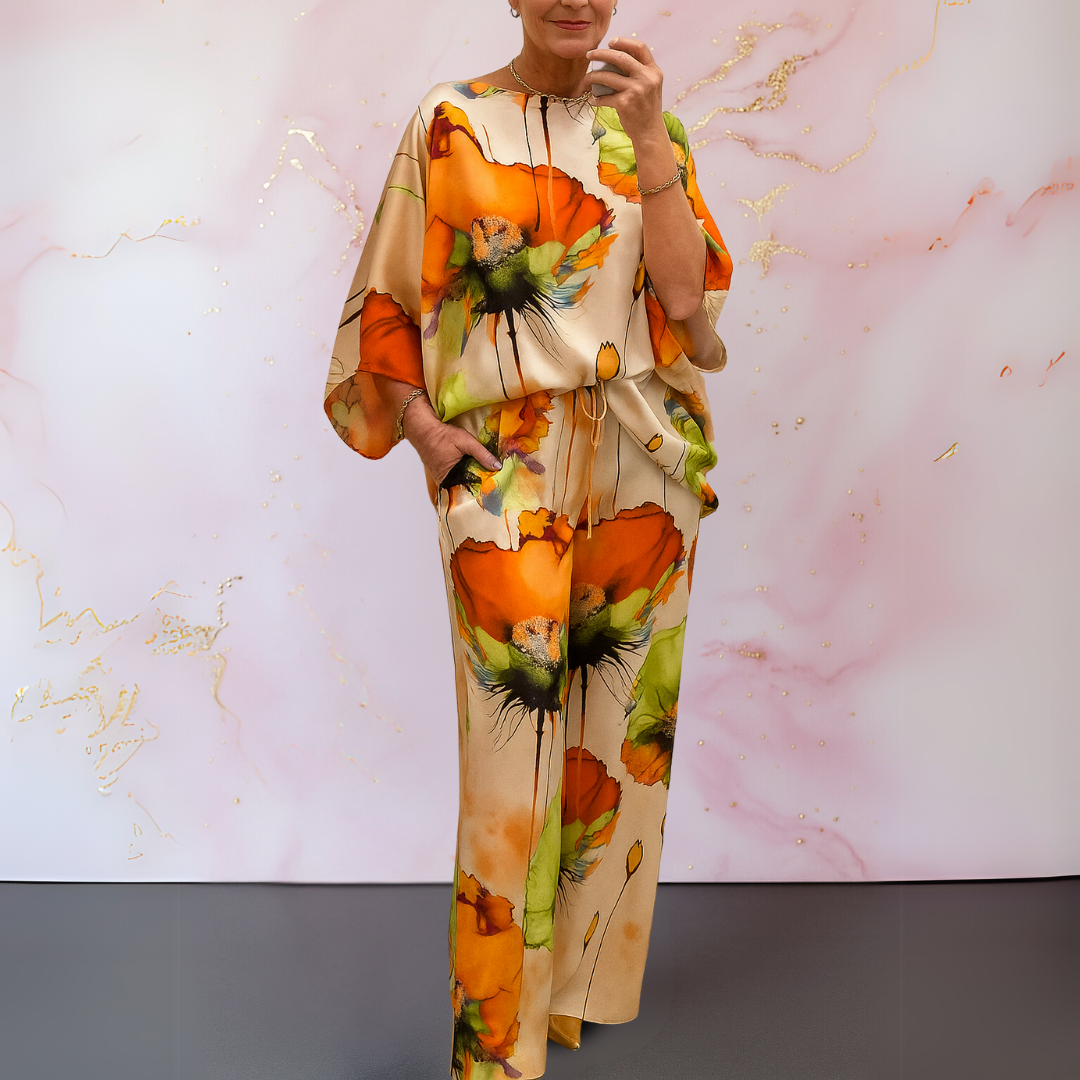 Full-body view of a woman in a chic two-piece satin matching set, a fashionable and versatile outfit choice.