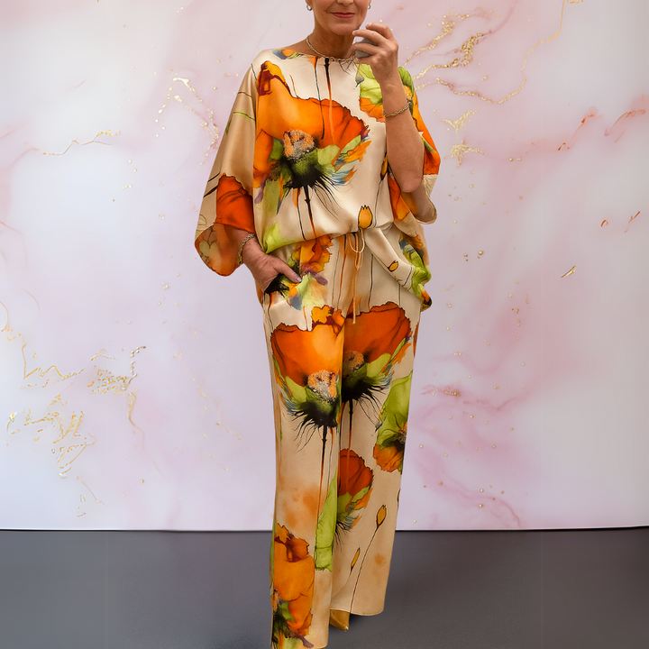 Full-body view of a woman in a chic two-piece satin matching set, a fashionable and versatile outfit choice.
