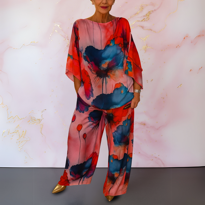 Modern women's elegant satin two-piece outfit, perfect for a stylish and coordinated look, from formal to casual.