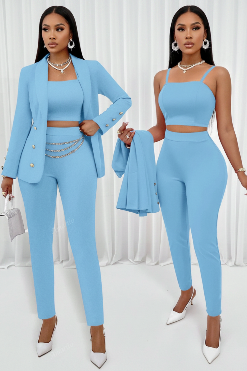 Elegant women's two-piece set featuring a cami top and straight-leg tailored pants for versatile wear.