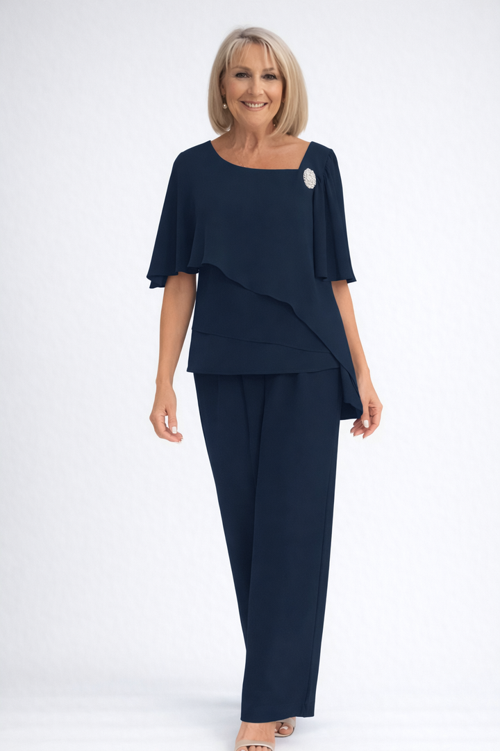 Women's formal cape top and wide-leg trouser set, an elegant two-piece outfit for special events.