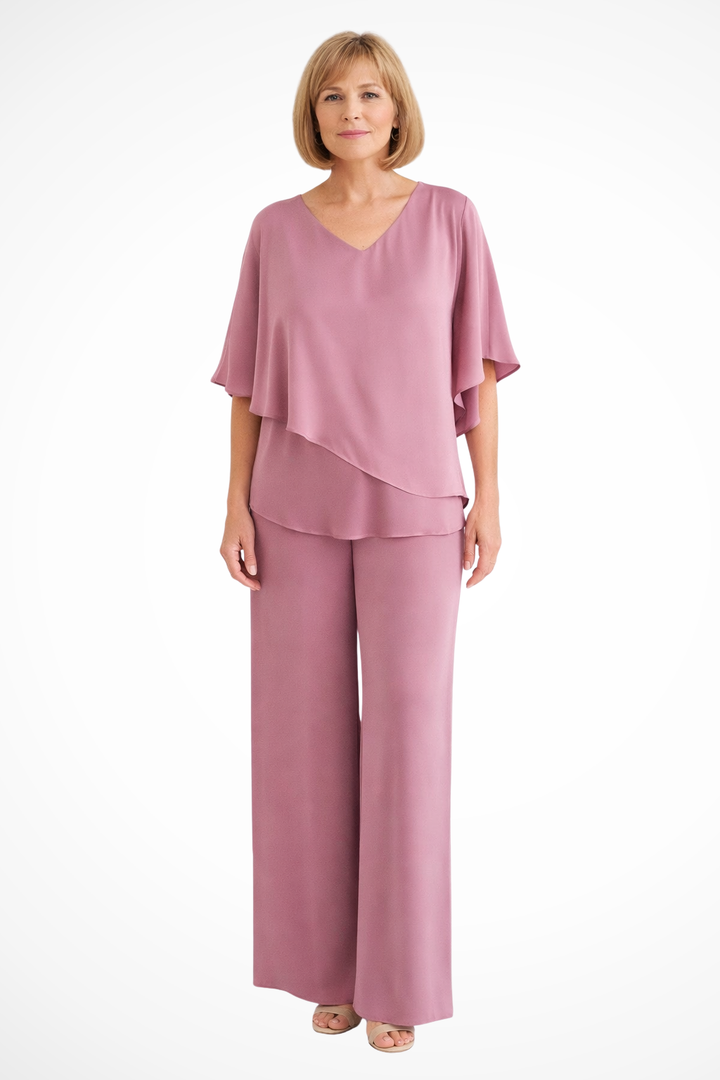 Elegant women's two-piece set featuring a V-neck batwing top & wide-leg trousers. Versatile ladies fashion.
