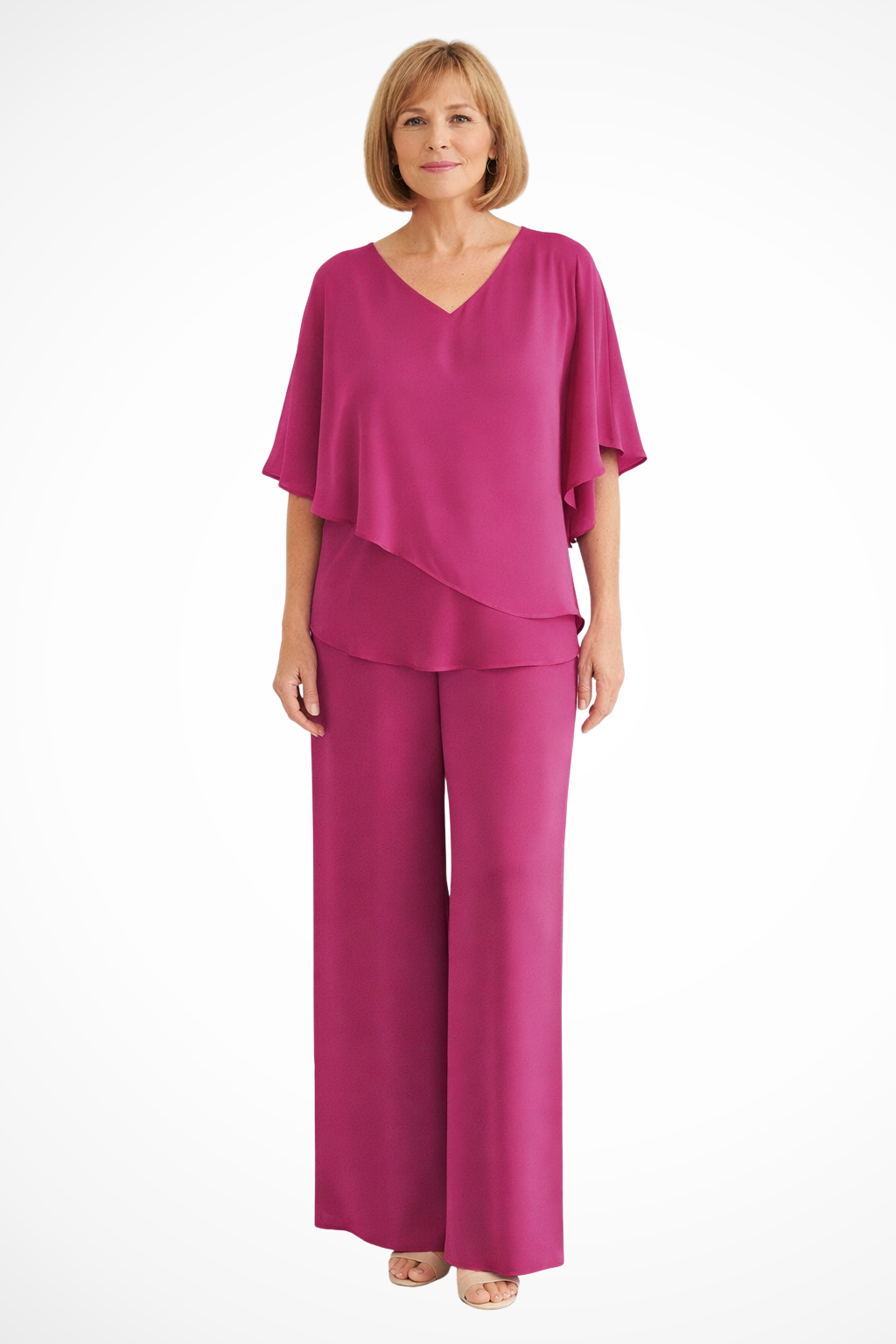 Sophisticated ladies' two-piece set: V-neck batwing top & wide-leg trousers. Elegant & comfortable for any event.