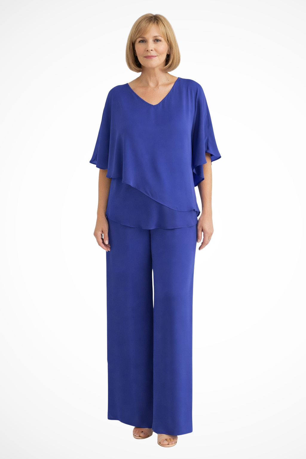 Professional women's elegant two-piece set: V-neck top and wide-leg trousers, perfect for office attire.