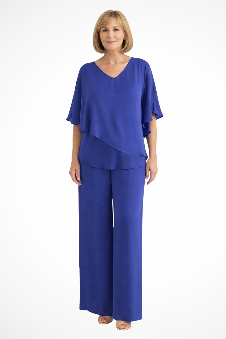 Professional women's elegant two-piece set: V-neck top and wide-leg trousers, perfect for office attire.