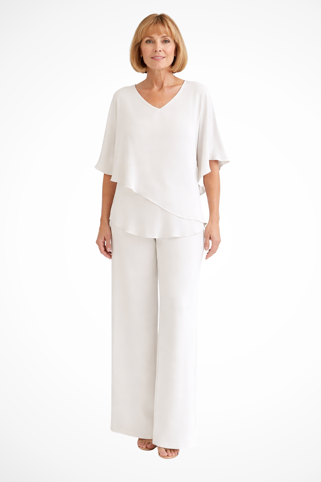 Ladies' fashion two-piece set. Elegant V-neck batwing top and comfortable wide-leg trousers. Modern ensemble.
