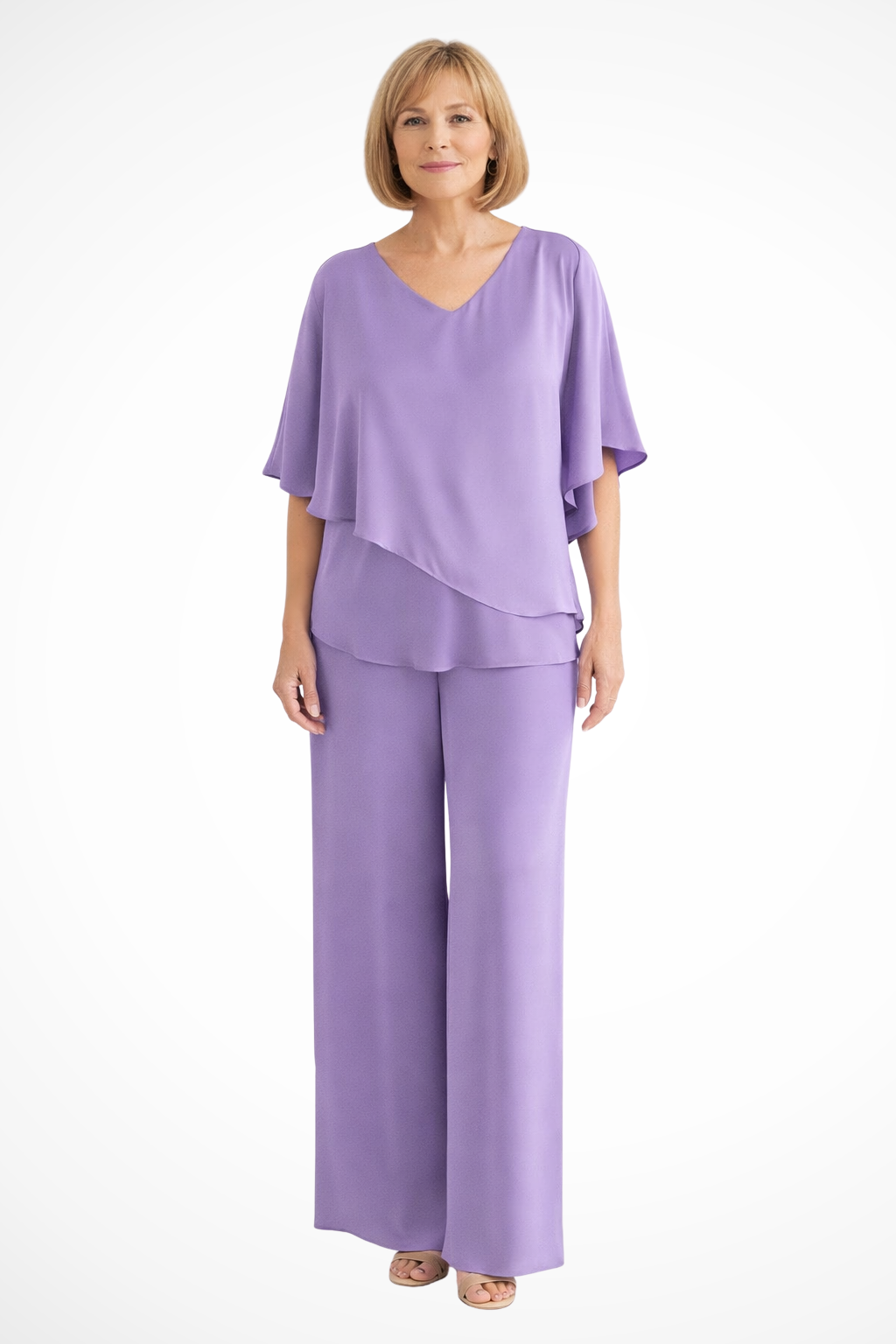 Elegant women's two-piece set. V-neck top, batwing sleeve, and wide-leg trousers. Perfect for travel outfits.