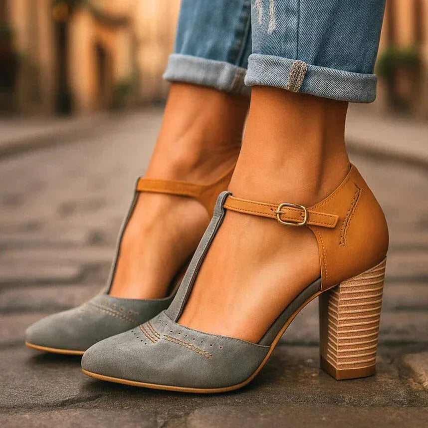 Elegant women's two-tone block heel pumps for everyday wear, offering comfort & style.