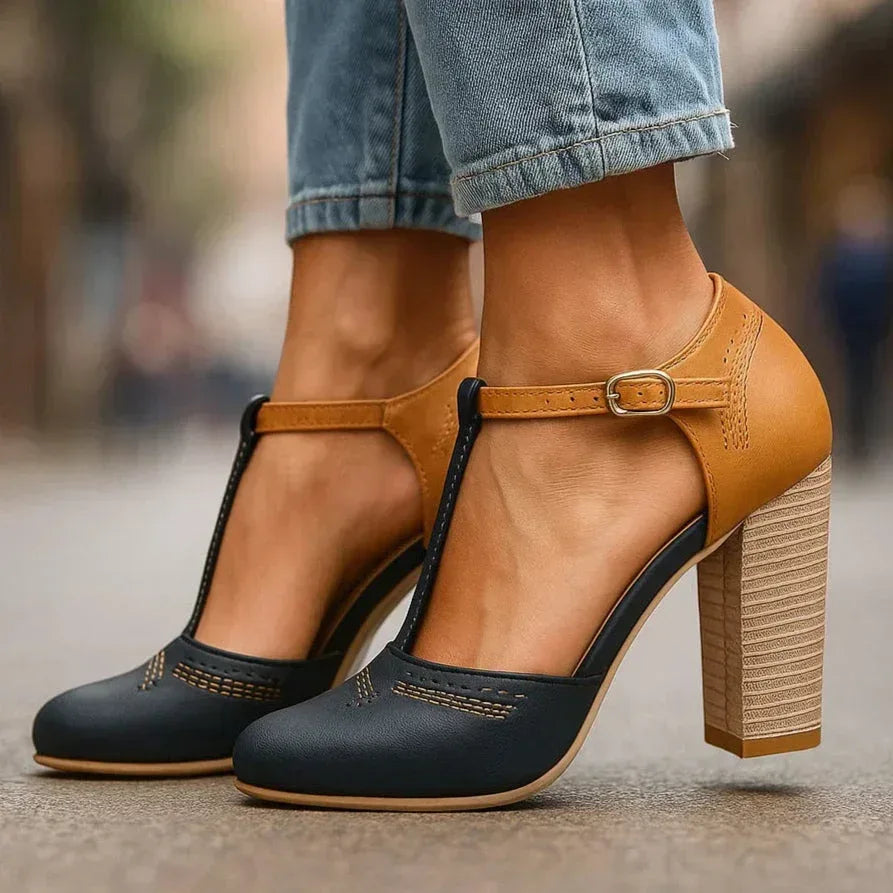 Versatile women's two-tone block heel pumps, perfect as comfortable work shoes or dress shoes.