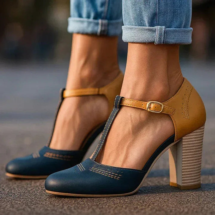 Stylish women's gray & black two-tone block heel pumps, ideal for office or evening elegance.