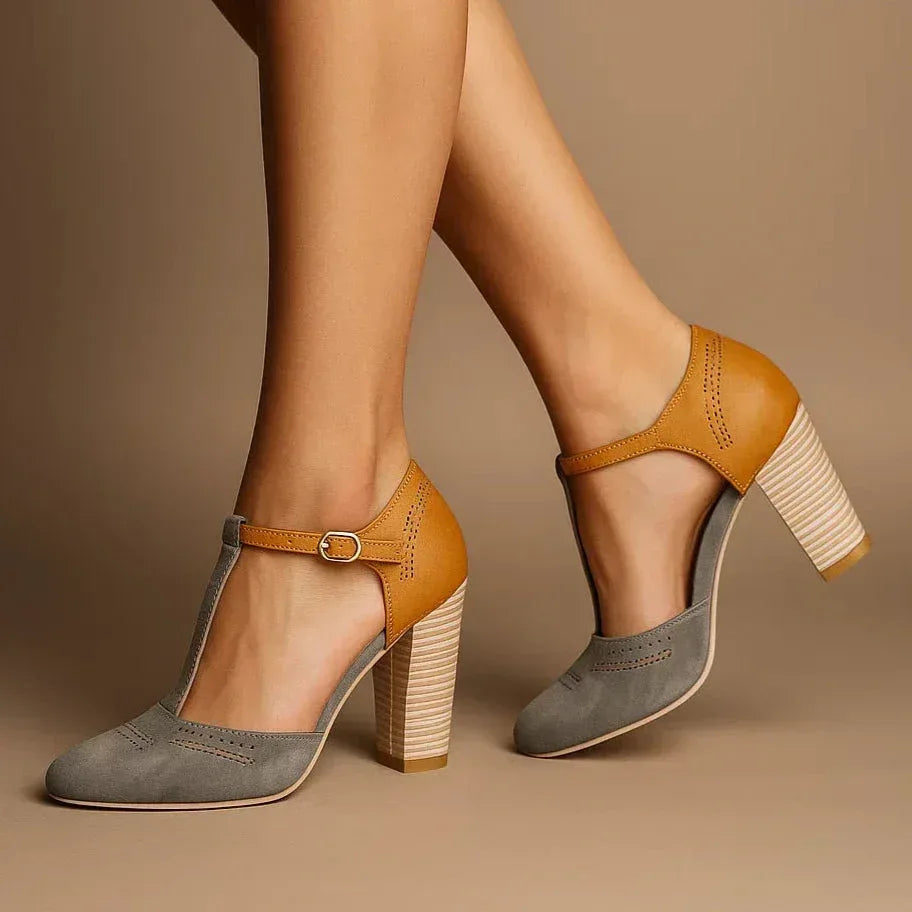 Comfortable two-tone block heel pumps for women, featuring a chic design for all-day wear.