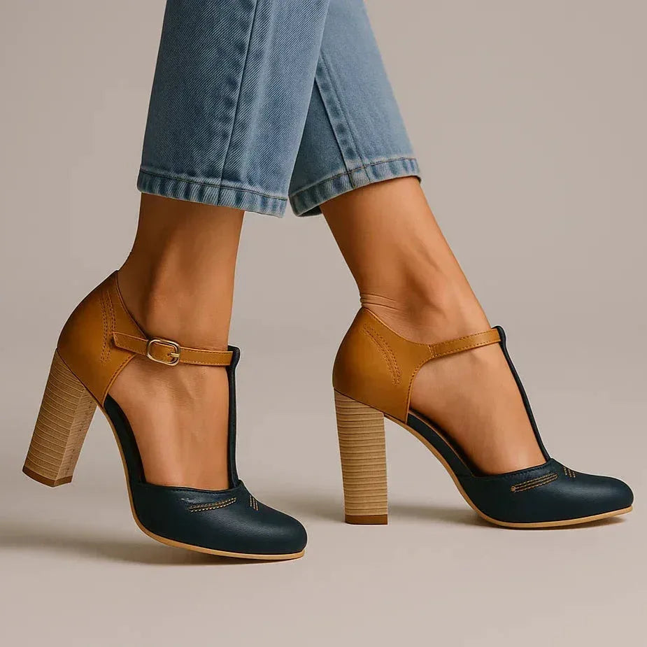 Classic women's black & beige two-tone block heel pumps, ideal comfortable and versatile work shoes.