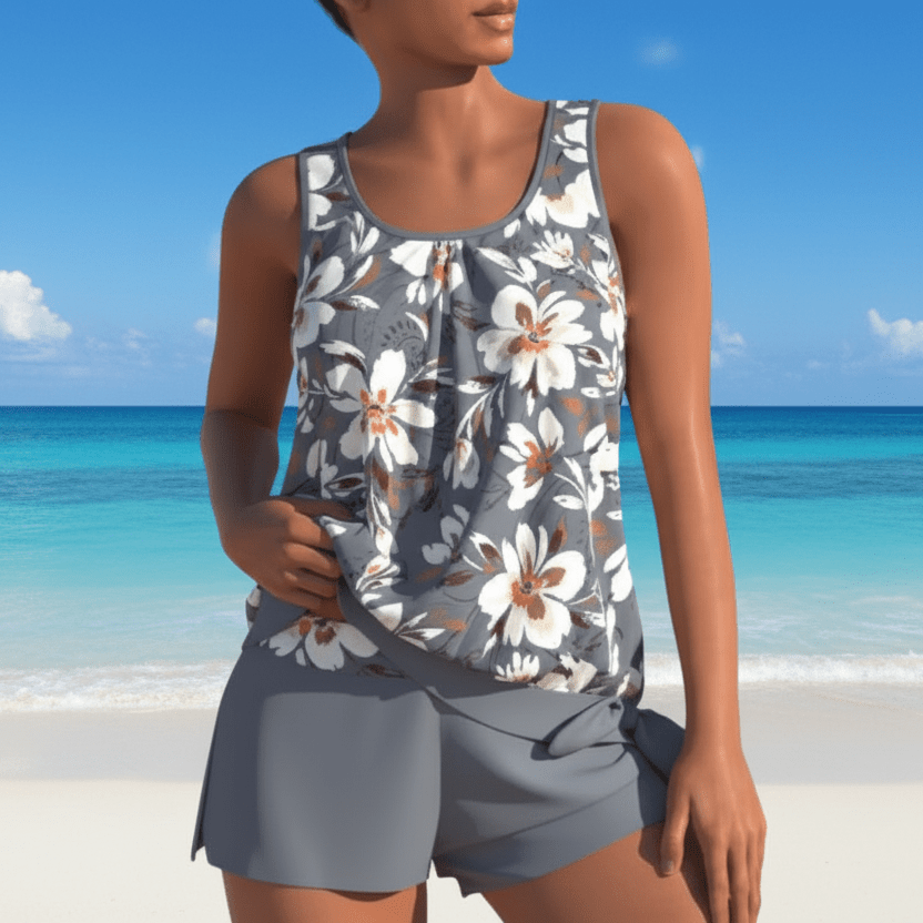 Vibrant women's two-tone floral tankini set, a comfortable and stylish swimsuit for your summer adventures.